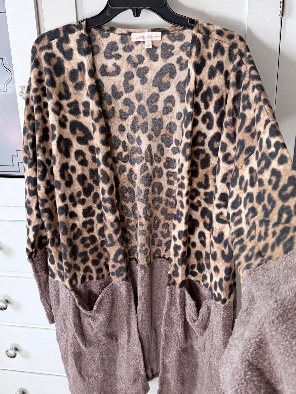 Leopard Print Open-Front Cardigan with Taupe Panel by Joyfolie